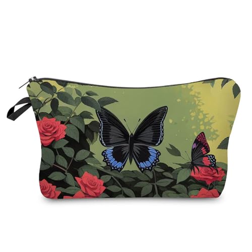 YULUENZE Kosmetiktasche mit Schmetterlings-Blumenmuster für Damen, niedlich, klein, Make-up-Tasche mit Reißverschluss für Mädchen, Schmetterlings-Blumenmuster, Make-up-Tasche, Geschenke für Frauen, von YULUENZE