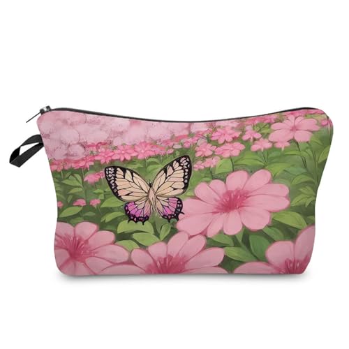 YULUENZE Kosmetiktasche mit Schmetterlings-Blumenmuster für Damen, niedlich, klein, Make-up-Tasche mit Reißverschluss für Mädchen, Schmetterlings-Blumenmuster, Make-up-Tasche, Geschenke für Frauen, von YULUENZE