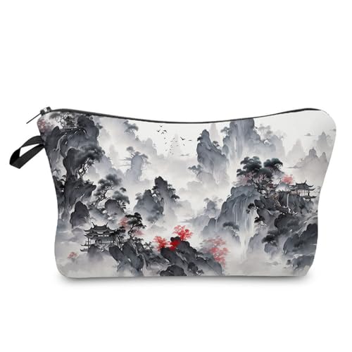 YULUENZE Kosmetiktasche mit chinesischer Tuschemalerei für Damen, niedlich, klein, Make-up-Organizer-Tasche mit Reißverschluss für Mädchen, chinesische Tuschemalerei, Kulturbeutel, Geschenke für von YULUENZE