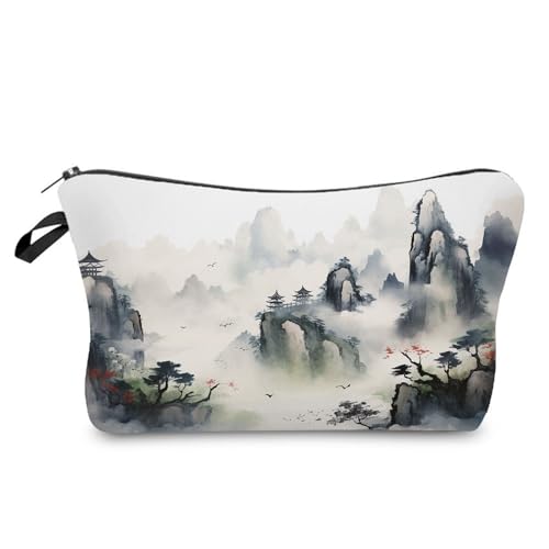 YULUENZE Kosmetiktasche mit chinesischer Tuschemalerei für Damen, niedlich, klein, Make-up-Organizer-Tasche mit Reißverschluss für Mädchen, chinesische Tuschemalerei, Kulturbeutel, Geschenke für von YULUENZE