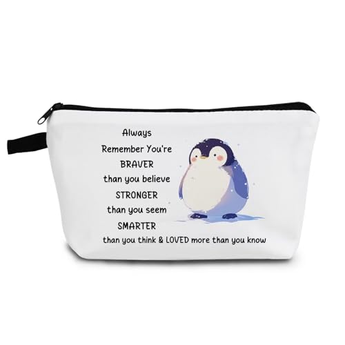 YULUENZE Pinguin-Make-up-Tasche, inspirierendes Geschenk, Organizer-Tasche mit Aufschrift "You Are Stronger Smarter Than You Think", Kulturbeutel mit Reißverschluss, Pinguin-Kosmetiktasche, Geschenk von YULUENZE