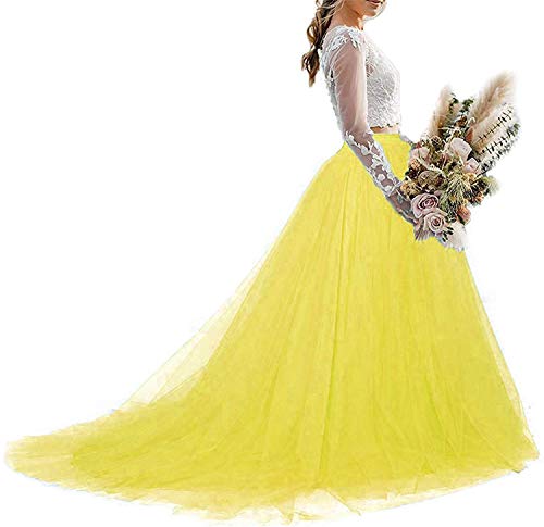 Frauen Hochzeit Lange Maxi Tüllrock Bodenlang mit langem Zug Braut Overskirt, gelb, L/XL von YULUOSHA