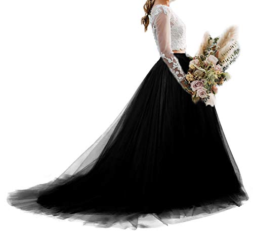 Frauen Hochzeit Lange Maxi Tüllrock Bodenlang mit langem Zug Braut Overskirt, Schwarz, S/M von YULUOSHA