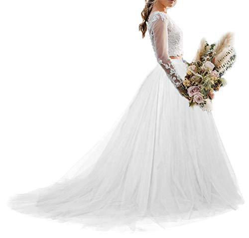 Damen Hochzeit Langer Maxi Tüll Rock Bodenlang mit langem Zug Braut Overskirt, Weiss/opulenter Garten, S/M von YULUOSHA