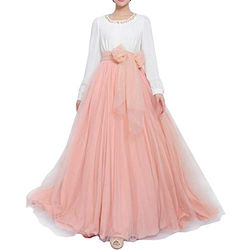 Langer Maxi-Tüll-Rock für Damen, bodenlang, A-Linie, Gürtel mit Schleife, hohe Taille, für Hochzeit, Party, Ausgehabend, personalisierbar - Pink - 36/48 DE/ M von YULUOSHA