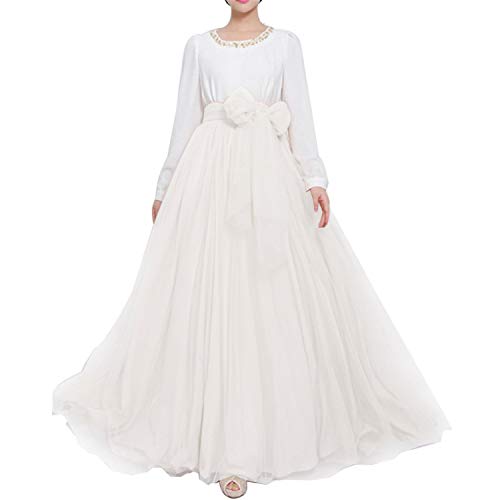 Langer Maxi-Tüll-Rock für Damen, bodenlang, A-Linie, Gürtel mit Schleife, hohe Taille, für Hochzeit, Party, Ausgehabend, personalisierbar - elfenbein - 36/48 DE/ M von YULUOSHA