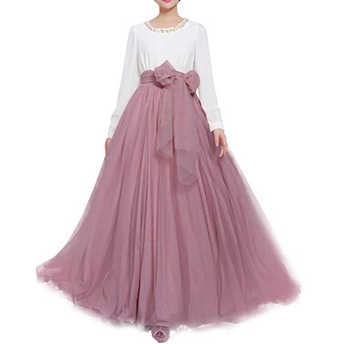 Langer Maxi-Tüll-Rock für Damen, bodenlang, A-Linie, Gürtel mit Schleife, hohe Taille, für Hochzeit, Party, Ausgehabend, personalisierbar - Pink - 36/48 DE/ M von YULUOSHA