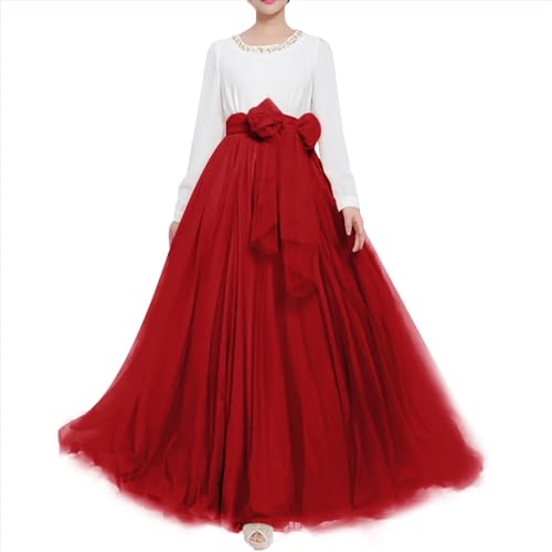 Langer Maxi-Tüll-Rock für Damen, bodenlang, A-Linie, Gürtel mit Schleife, hohe Taille, für Hochzeit, Party, Ausgehabend, personalisierbar - Rot - 16/26W von YULUOSHA