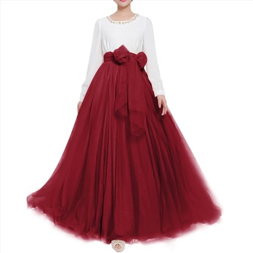 Langer Maxi-Tüll-Rock für Damen, bodenlang, A-Linie, Gürtel mit Schleife, hohe Taille, für Hochzeit, Party, Ausgehabend, personalisierbar - Rot - 36/48 DE/ M von YULUOSHA