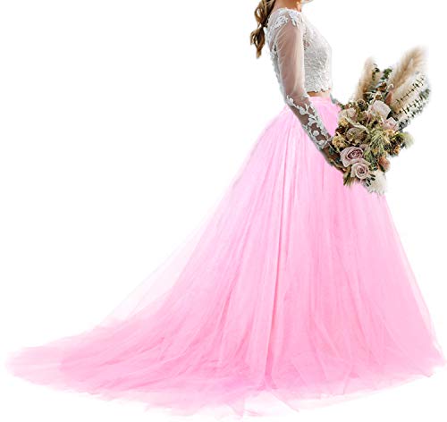 Frauen Hochzeit Lange Maxi Tüllrock Bodenlang mit langem Zug Braut Overskirt, Pink, S/M von YULUOSHA