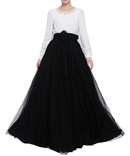 Langer Maxi-Tüll-Rock für Damen, bodenlang, A-Linie, Gürtel mit Schleife, hohe Taille, für Hochzeit, Party, Ausgehabend, personalisierbar - Schwarz - 36/48 DE/ M von YULUOSHA