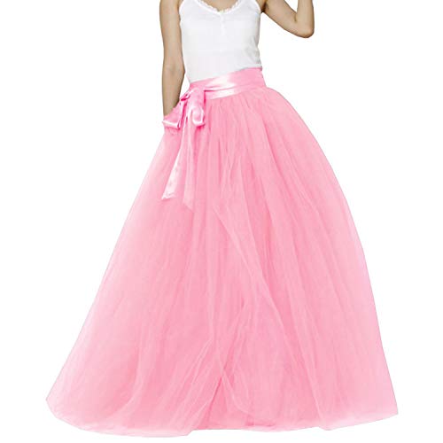 Langer Maxi-Puffy 5 Schichten Tüllrock Bodenlänge A Linie mit Schleife Gürtel Hohe Taille für Hochzeit Party Abend, Pink, L/XL von YULUOSHA