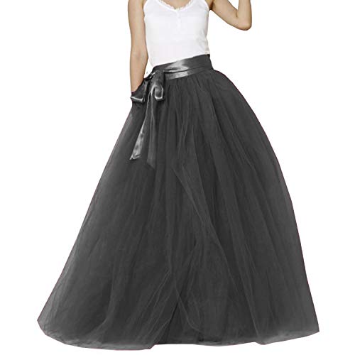 Langer Maxi-Puffy 5 Schichten Tüllrock Bodenlänge A Linie mit Schleife Gürtel Hohe Taille für Hochzeit Party Abend, Schwarz, L/XL von YULUOSHA