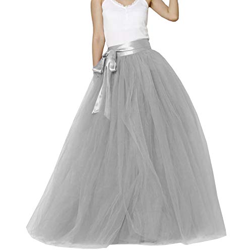 Langer Maxi-Puffy 5 Schichten Tüllrock Bodenlänge A Linie mit Schleife Gürtel Hohe Taille für Hochzeit Party Abend, Silbergrau, L/XL von YULUOSHA