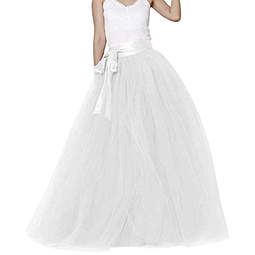 Langer Maxi-Puffy 5 Schichten Tüllrock Bodenlänge A Linie mit Schleife Gürtel Hohe Taille für Hochzeit Party Abend, Weiss/opulenter Garten, L/XL von YULUOSHA