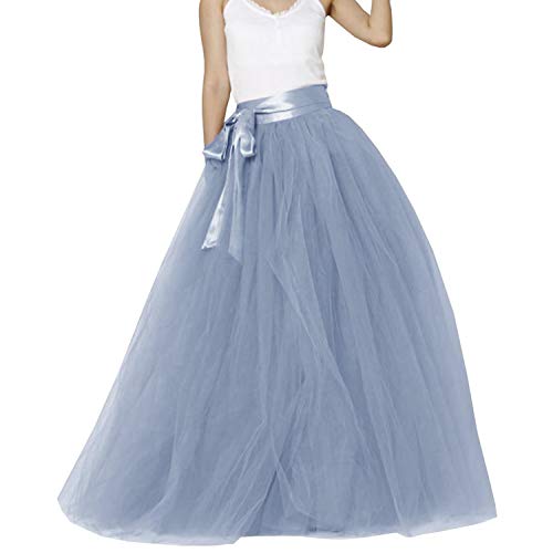 Langer Maxi-Puffy 5 Schichten Tüllrock Bodenlänge A Linie mit Schleife Gürtel Hohe Taille für Hochzeit Party Abend, dusty blue, L/XL von YULUOSHA