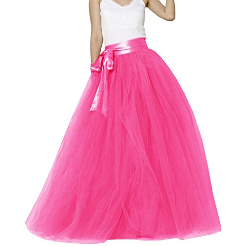 Langer Maxi-Puffy 5 Schichten Tüllrock Bodenlänge A Linie mit Schleife Gürtel Hohe Taille für Hochzeit Party Abend, hot pink, L/XL von YULUOSHA