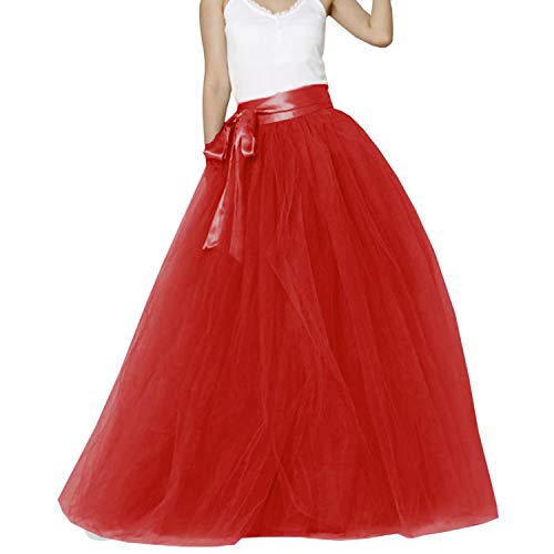 Langer Maxi-Puffy 5 Schichten Tüllrock Bodenlänge A Linie mit Schleife Gürtel Hohe Taille für Hochzeit Party Abend, rot, L/XL von YULUOSHA