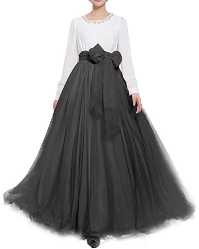 Langer Maxi-Tüll-Rock für Damen, bodenlang, A-Linie, Gürtel mit Schleife, hohe Taille, für Hochzeit, Party, Ausgehabend, personalisierbar - Grau - 16/26W von YULUOSHA