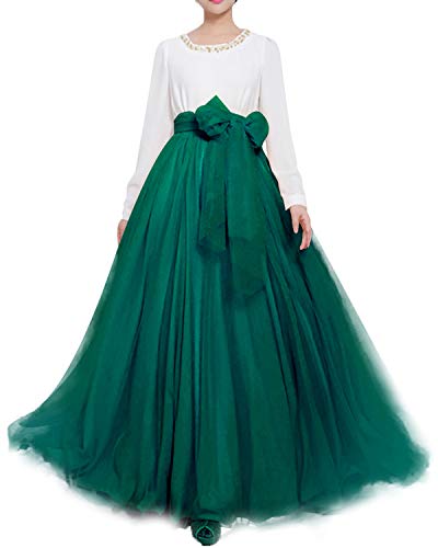 Langer Maxi-Tüll-Rock für Damen, bodenlang, A-Linie, Gürtel mit Schleife, hohe Taille, für Hochzeit, Party, Ausgehabend, personalisierbar - Grün - 36/48 DE/ M von YULUOSHA