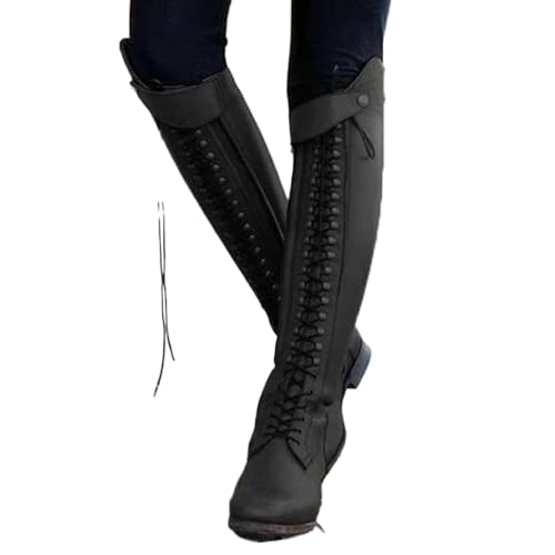 YUMALI Damen Reitstiefel Mit Druckknopf Mode Schnürung PU Leder Reiten Lange Stiefel Für Anfänger (36,Black) von YUMALI