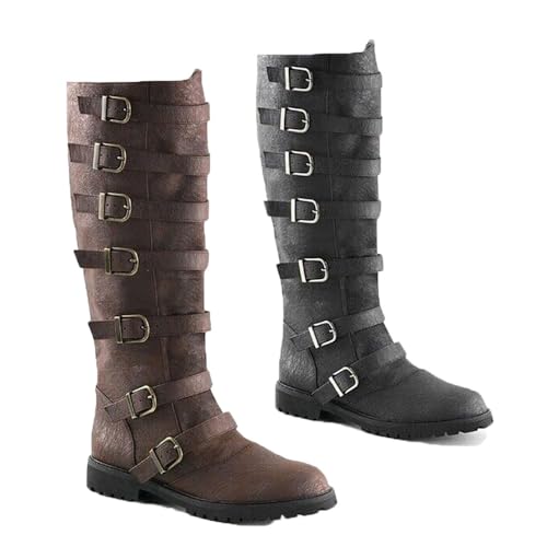 YUMALI Mittelalterliche Ritterstiefel Mit Mehrschichtiger Seitenschnalle, Wikinger Outdoor PU Leder Schnee Lange Stiefel Für Cosplay Krieger Prinz (44,Black) von YUMALI
