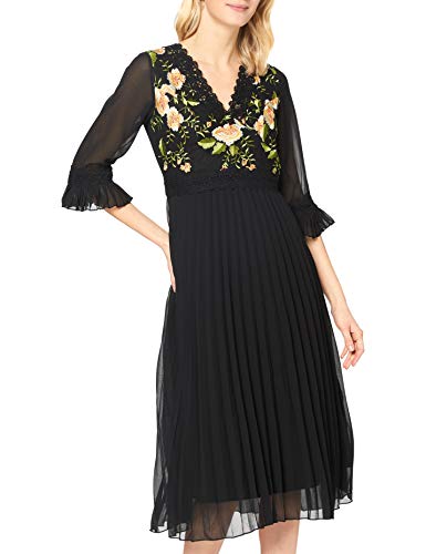 Yumi Damen Black Floral Embroidered Dress with Pleated Skirt and Fluted Sleeve Lssiges Abendkleid, Schwarz, 36 von YUMI