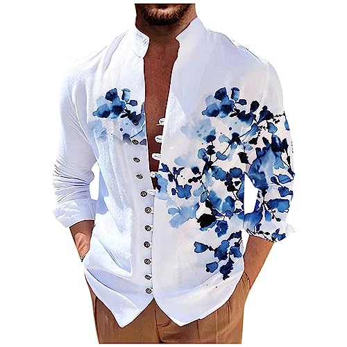 Hemd Herren Langarm Freizeithemd Sommer Leinenhemd Outdoor Slim Fit Henley Shirt Leicht Sommerhemd mit Stehkragen Businesshemd Trachtenhemd Arbeitshemd von YUMIJUAN