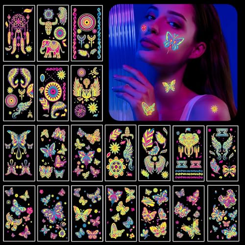 Temporäre Tattoos 20 Blätter Leucht Tattoo unter Neon UV Schwarzlicht, für Erwachsene Teenager Kinder, Hautfreundlich Klebetattoos, Geschenke für Mädchen Temporäre Tattoos 20 Blätter Leucht Tattoo unter Neon UV Schwarzlicht, für Erwachsene Teenager Kinder, Hautfreundlich Klebetattoos, Geschenke für Mädchen von YUMIPDD