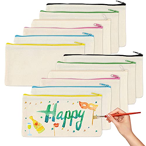 12 Stück Blanko Stoffbeutel, DIY Blanko Stoffbeutel Mit Reißverschluss Bunt, Kosmetiktasche zum Bemalen, Stoff Federmäppchen, 12 × 21cm, Blanko Stoffbeutel, für Reisen, Schule, Lagerung und Malen von YUMUN