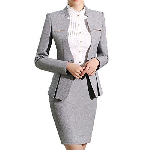 Damen 2 Stück Business Rock Anzug Set Office Lady Slim Fit Blazer und Rock, Blazer und Rock hellgrau, Groß von YUNCLOS