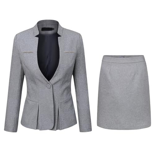 Damen 2 Stück Business Rock Anzug Set Office Lady Slim Fit Blazer und Rock, Blazer und Rock hellgrau, XX-Large von YUNCLOS