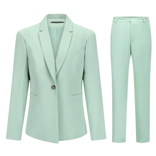 YUNCLOS Damen 2 Stück Büro Lady Business Anzug Set Slim Fit Blazer Hose, Mintgrün, XX-Large von YUNCLOS