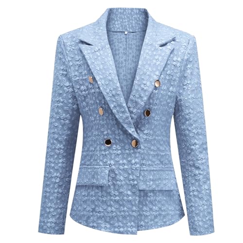 YUNCLOS Damen Business-Blazer mit Doppelreiher Blumenprint Elegantes Casual Sakko für Business und Freizeit,Blau,0L von YUNCLOS