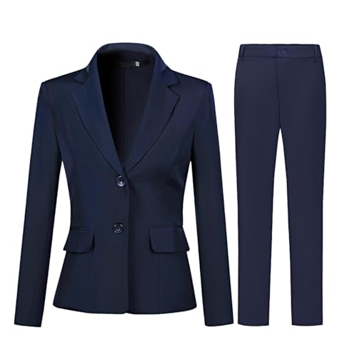 YUNCLOS Damen Formal Zweiteiler Büro Lady Anzug Set Arbeit Blazer Jacke Hose, Dunkelblau, X-Klein von YUNCLOS
