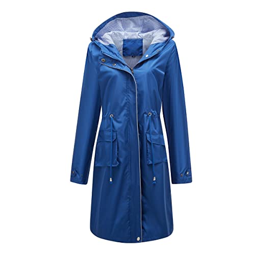 YUNCLOS Damen Regenjacke Lange Kapuze Regenparka Wasserdicht Atmungsaktiv Windbreaker Slim-Fit Licht Funktionsjacke,Blau,M von YUNCLOS
