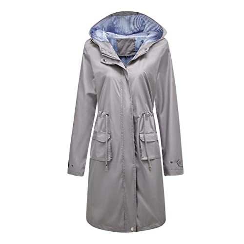 YUNCLOS Damen Lange Regenjacke mit Kapuze - Leichter Trenchcoat für Hundespaziergänge, Wandern & Reisen,Grau,3XL von YUNCLOS