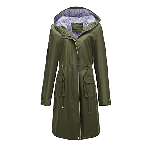 YUNCLOS Damen Lange Regenjacke mit Kapuze - Leichter Trenchcoat für Hundespaziergänge, Wandern & Reisen,Grün,2XL von YUNCLOS