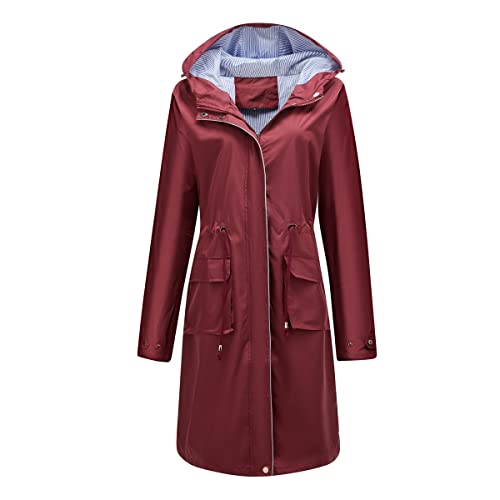 YUNCLOS Damen Lange Regenjacke mit Kapuze - Leichter Trenchcoat für Hundespaziergänge, Wandern & Reisen,Rot,2XL von YUNCLOS