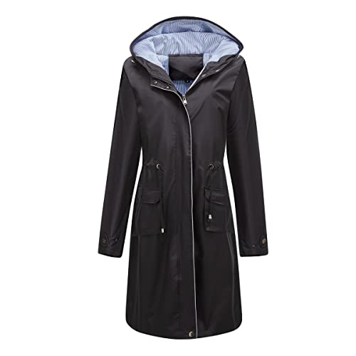 YUNCLOS Damen Regenjacke Lange Kapuze Regenparka Wasserdicht Atmungsaktiv Windbreaker Slim-Fit Licht Funktionsjacke,Schwarz,XXL von YUNCLOS