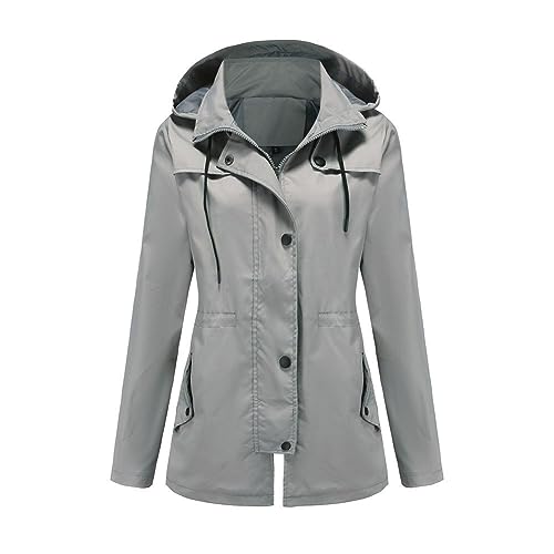 YUNCLOS Damen Regenjacke Windbreaker Leicht Damenjacke Wasserdicht Atmungsaktiv Mittellange Kapuzenjacke Dünne,Grau,XXL von YUNCLOS