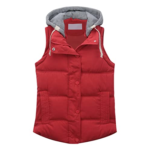 YUNCLOS Damen Übergangsjacke mit Abnehmbarer Kapuze Leichte Ärmellos Steppweste Outdoor Weste Warmhalten Taschen Gilet Herbst und Winter,Rot,XL von YUNCLOS