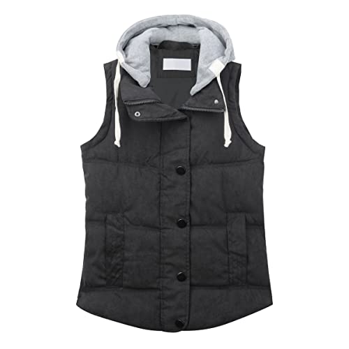 YUNCLOS Damen Übergangsjacke mit Abnehmbarer Kapuze Leichte Ärmellos Steppweste Outdoor Weste Warmhalten Taschen Gilet Herbst und Winter,Schwarz,L von YUNCLOS