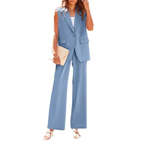 YUNCLOS Damenanzug-Zweiteiler Business-Casual Set mit Weste und Weitbeinhose fürs Büro,Blau,0L von YUNCLOS