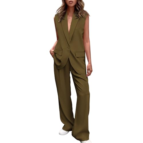 YUNCLOS Damenanzug-Zweiteiler Business-Casual Set mit Weste und Weitbeinhose fürs Büro,Braun,0S von YUNCLOS