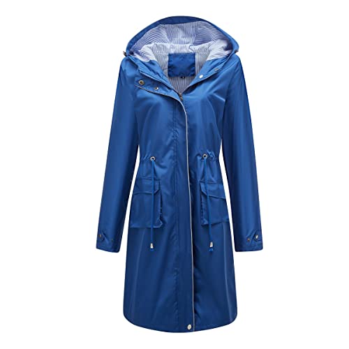 YUNCLOS Damen Regenjacke Lange Kapuze Regenparka Wasserdicht Atmungsaktiv Windbreaker Slim-Fit Licht Funktionsjacke,Blau,3XL von YUNCLOS