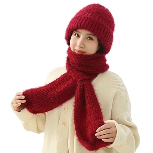 Integrated Ear Protection Windproof Cap Scarf,Winter Warm Knitted Hat Scarf,2 in 1 Windproof Knitting Thick Warm Ear Guard Hat for Women,Plus Velvet Warm Ear Guard Hat,Beanie Hat Scarf (Red) von YUNFAN