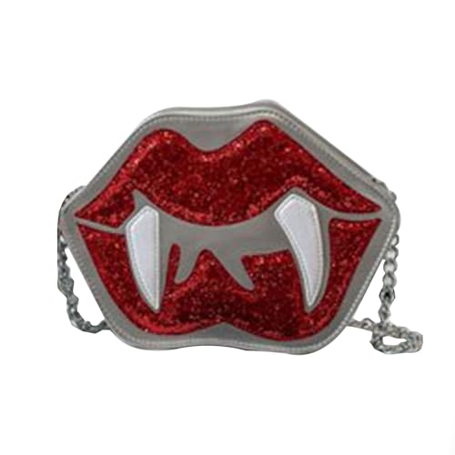 Gothic Pailletten Crossbdy Tasche Halloween Vampir Zahn Lippe Form Umhängetasche Abend Geldbörse mit Metallkette für Frauen Lustige Lippenform Kette Crossbody, silber, One Size von YUNGLOO