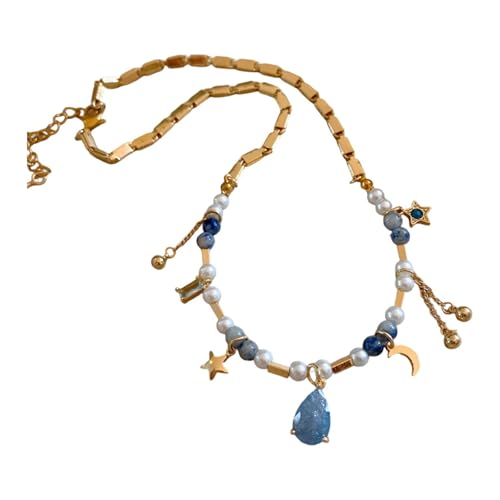 YUNGLOO Blaue Kristallstern-Halskette mit Mond-Anhänger, Perlen, leicht, zierliche Kristall-Halskette, Abend-, Party-Schmuck, Hochzeit, Brautjungfern von YUNGLOO