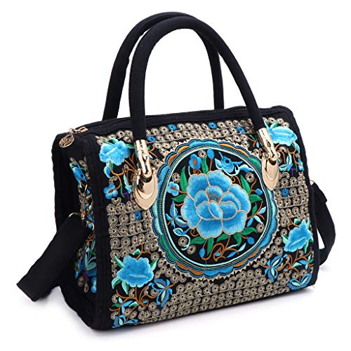 YUNGLOO Damen-Handtasche mit Blumenstickerei, ethnisches Segeltuch, Einkaufstasche, Reißverschluss, übergroße Geldbörse, Blaue Bayberry, One Size von YUNGLOO